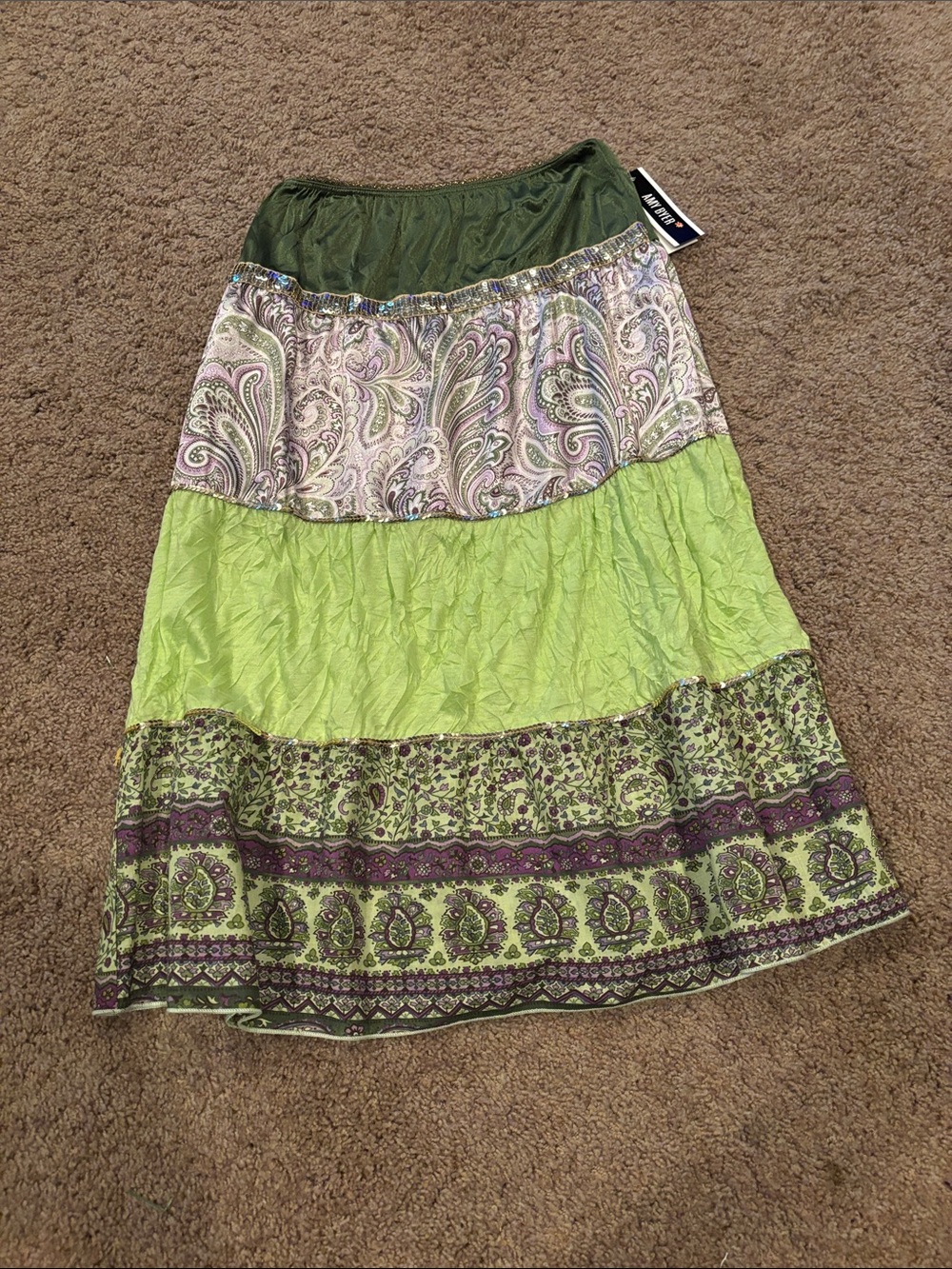 NWT Amy Byer Green and Purple Paisley Tiered Maxi Skirt